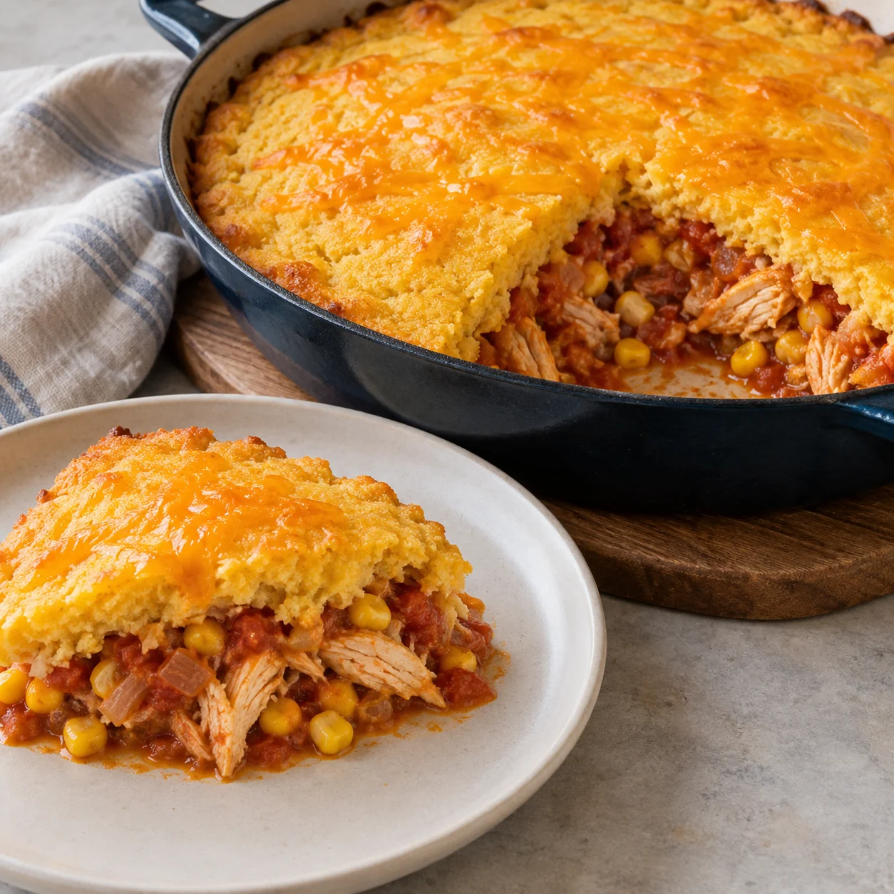 A tomato, chicken and corn filling baked beneath a tender cooked-cornmeal topping with a little cheddar.