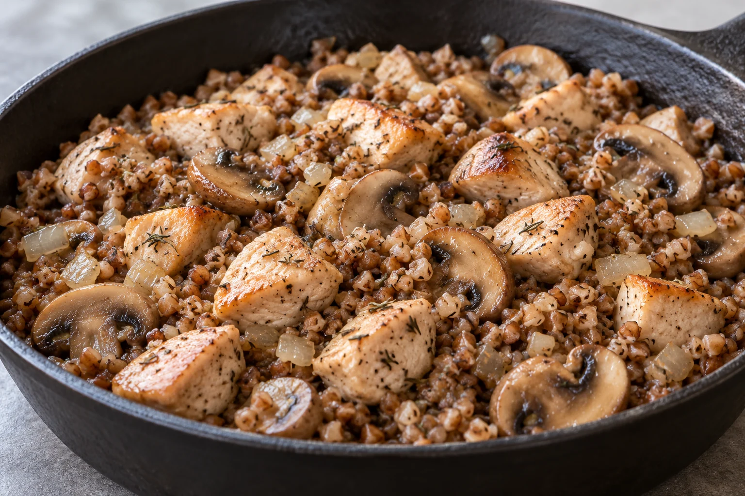 Chicken breast pieces and mushrooms cook with whole buckwheat groats in a thyme-scented skillet.