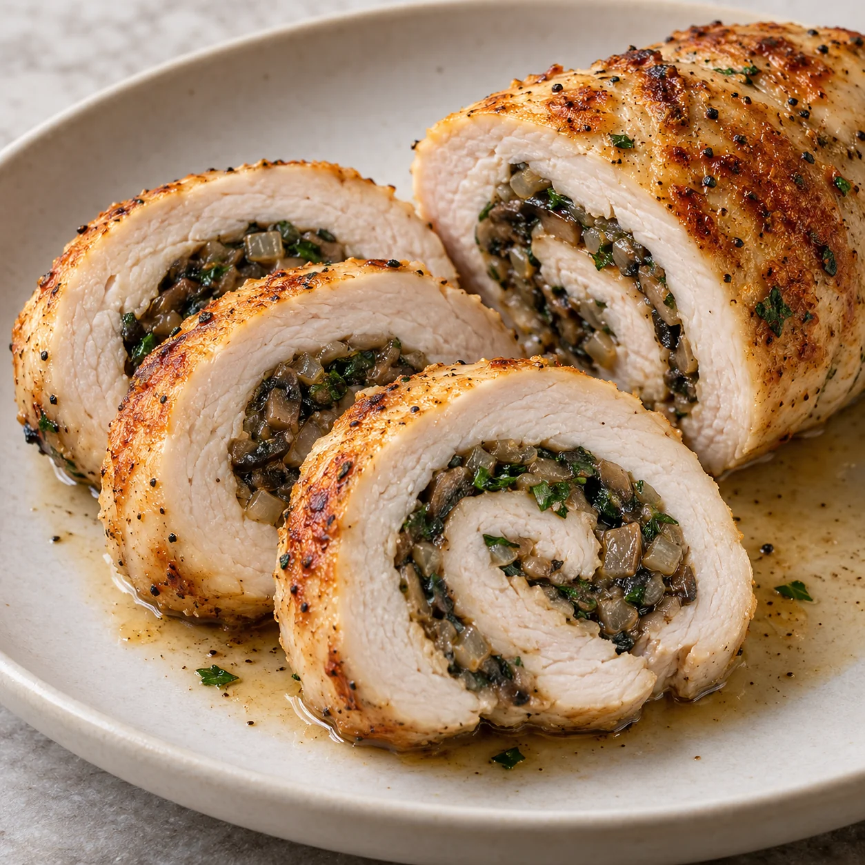 Thin chicken breast rolled around a dry sautéed mushroom filling, seared and finished in the oven.