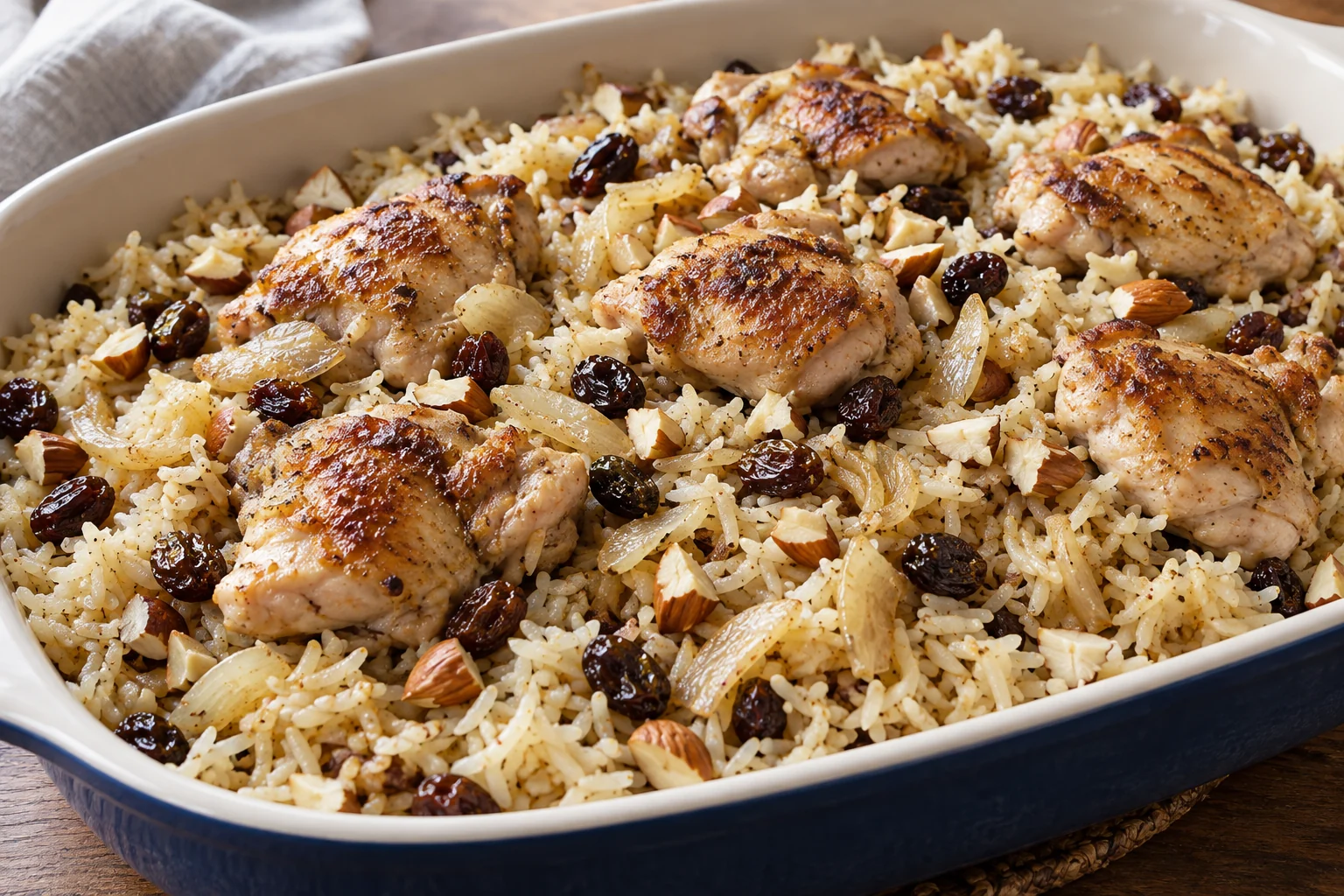 Chicken thigh pieces bake over cumin-scented long-grain rice with raisins and chopped almonds.