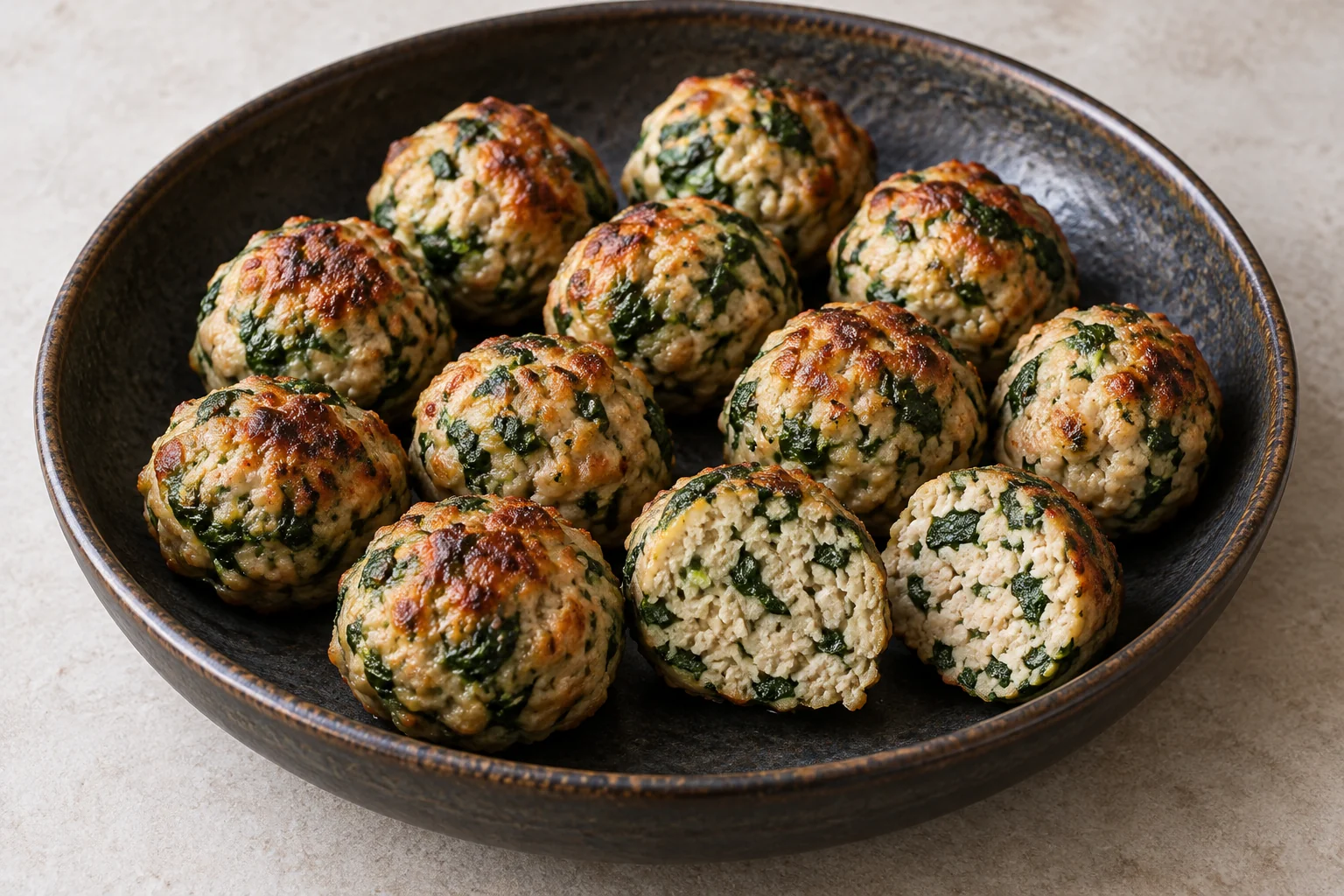 Tender baked ground-chicken meatballs with finely chopped spinach, garlic and lemon zest.