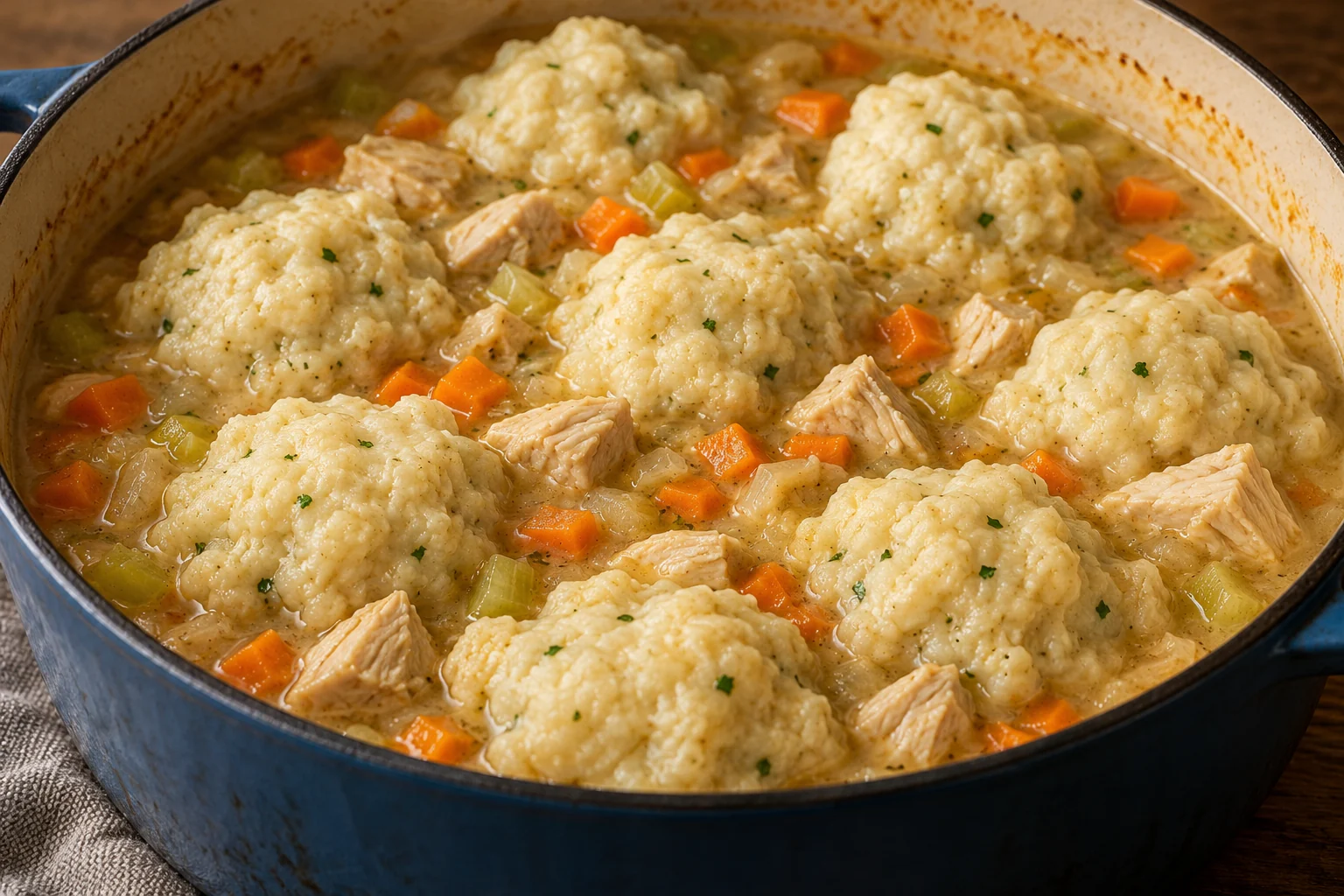 Tender chicken and vegetables in a light gravy topped with eight soft spooned dumplings steamed under a lid.