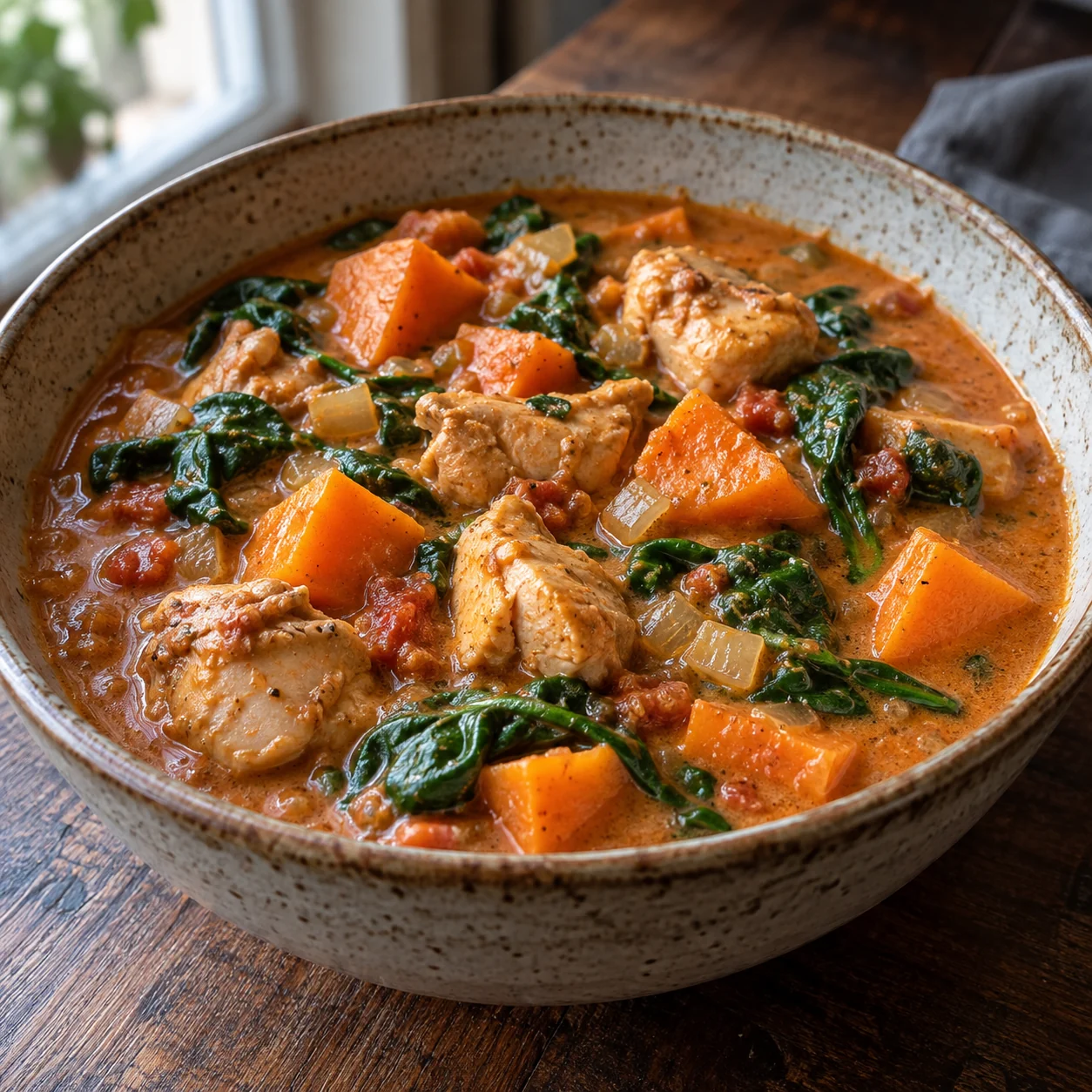 Tender chicken thigh and sweet potato simmer in a thick tomato-peanut broth with spinach.
