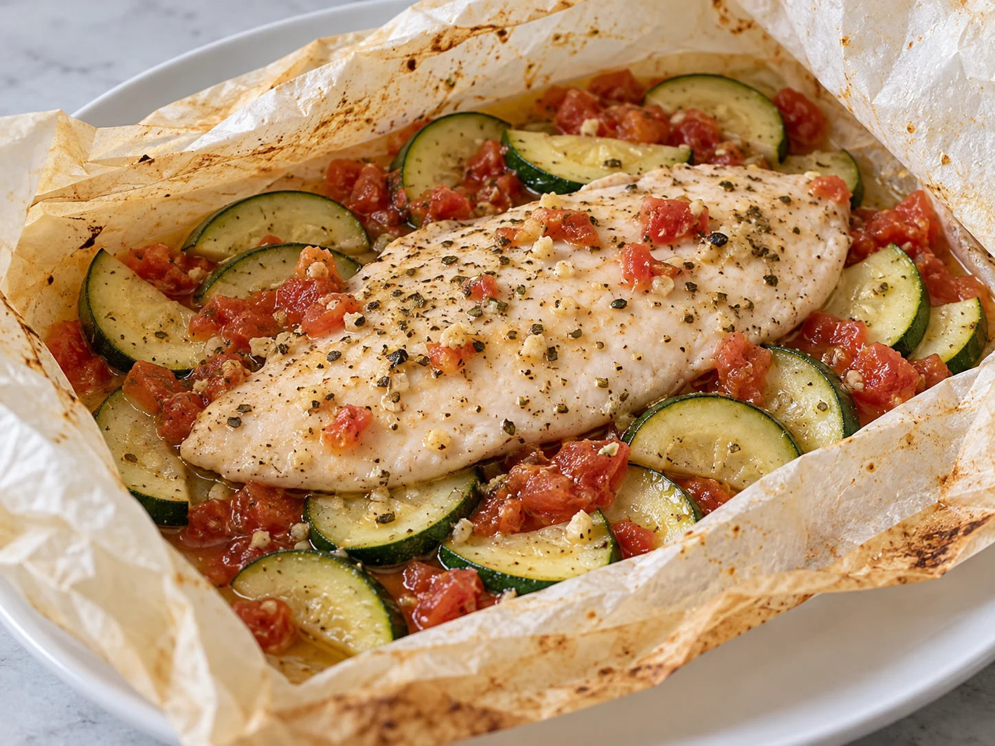 Individual parchment packets gently steam chicken breast with thin zucchini, tomatoes, lemon and oregano.