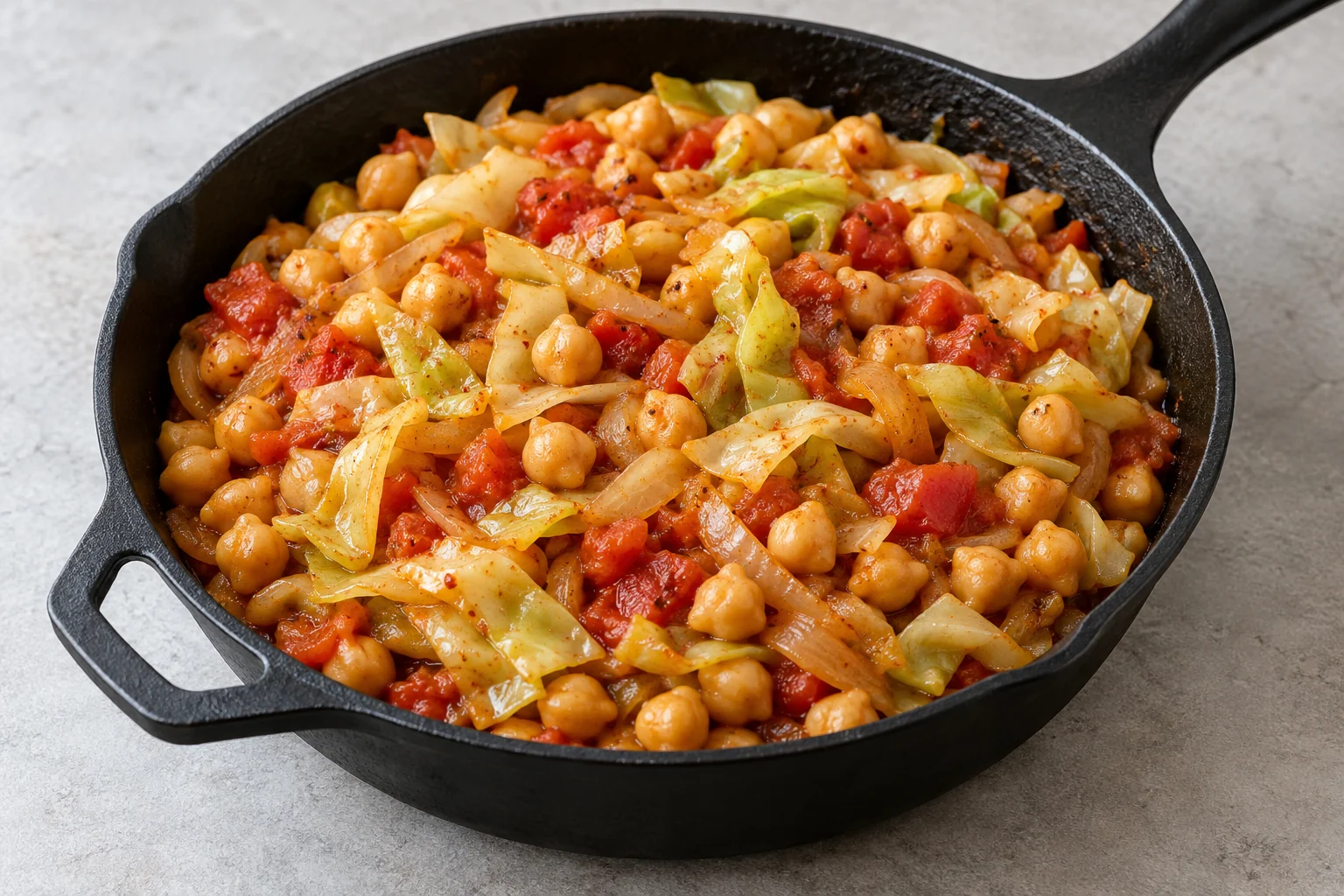 A one-pan mix of tender cabbage ribbons, chickpeas and tomatoes with sweet paprika.