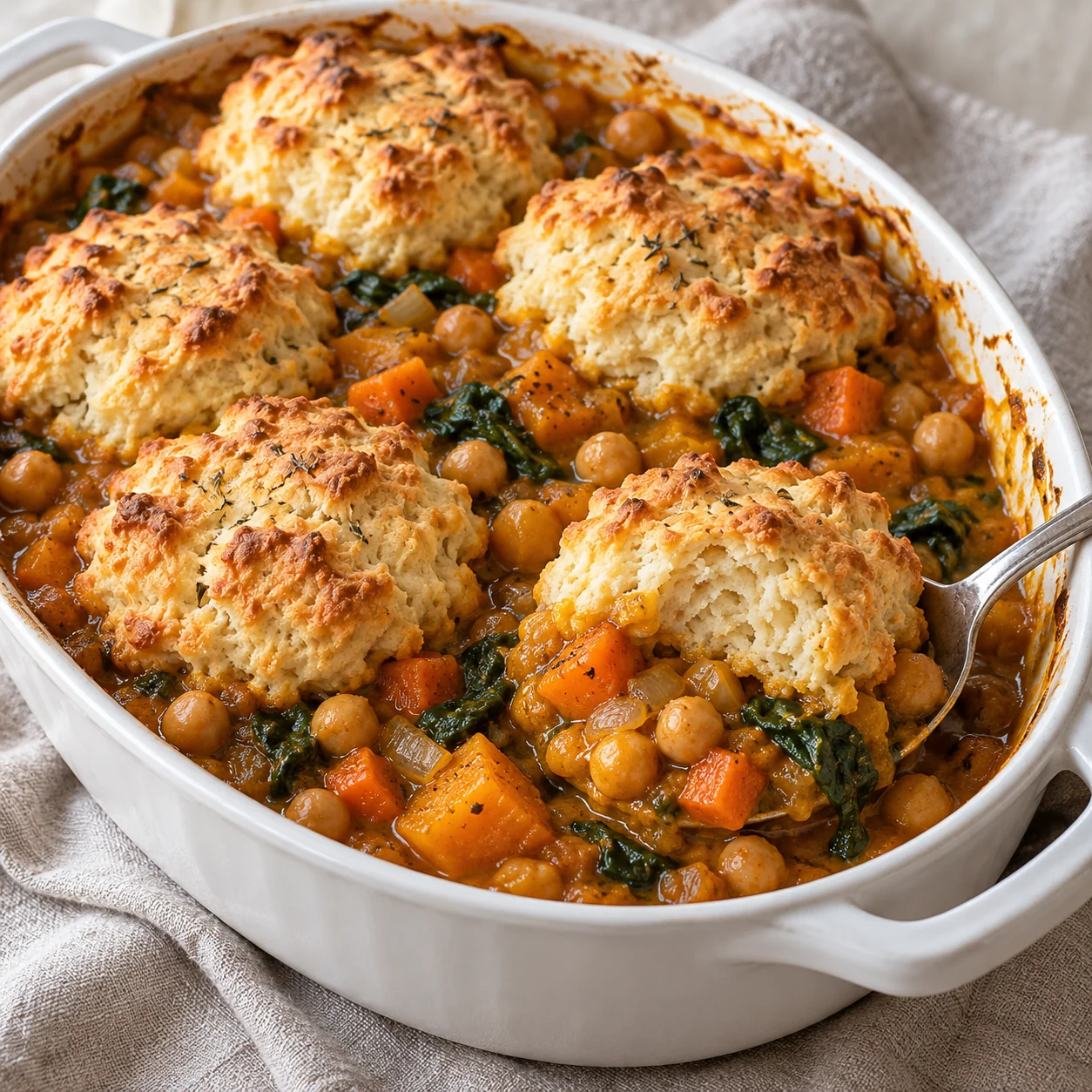 A thick pumpkin, chickpea and vegetable filling bakes beneath six rough thyme drop biscuits.
