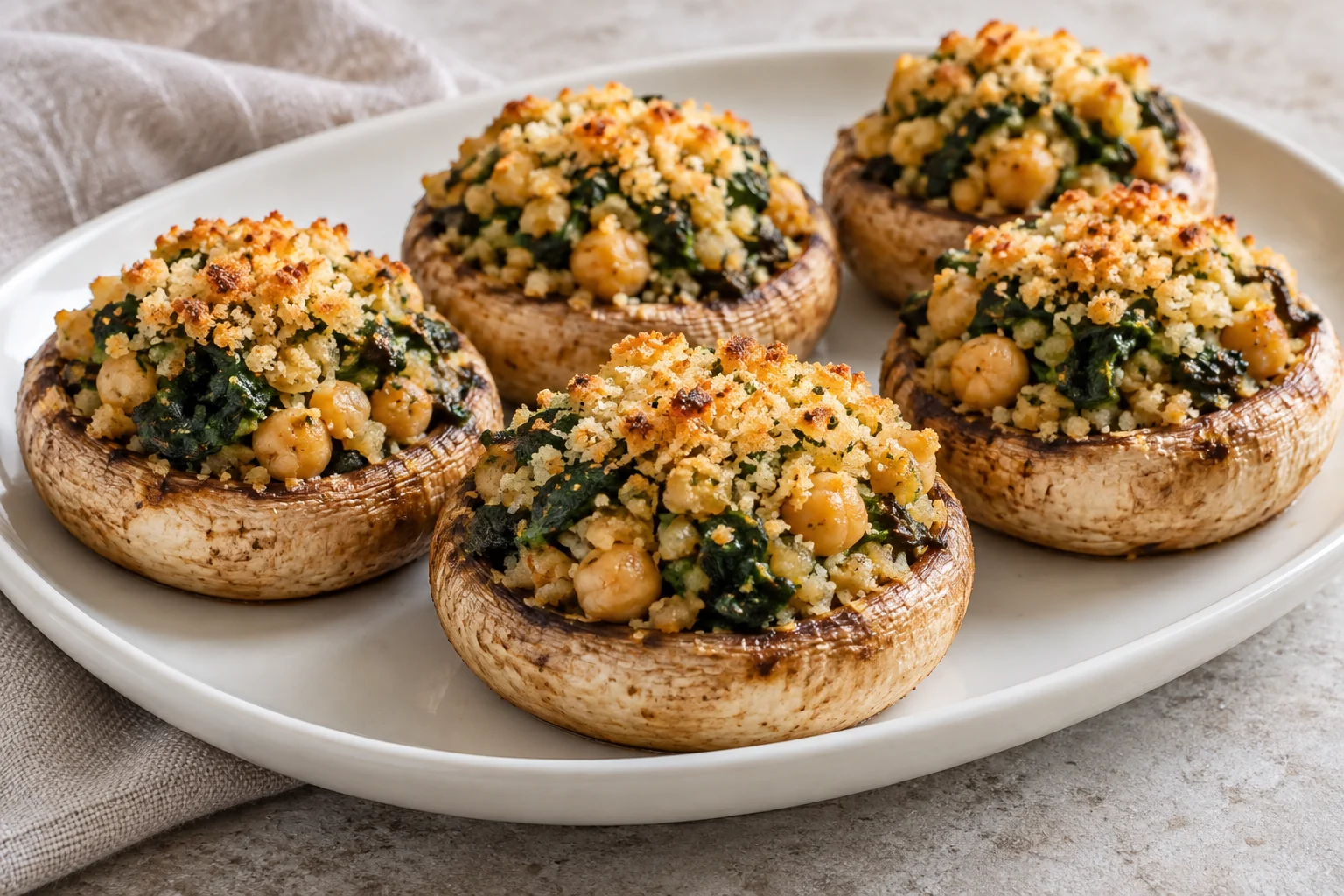 Roasted mushroom caps hold a coarse chickpea-spinach filling and a thin breadcrumb topping.