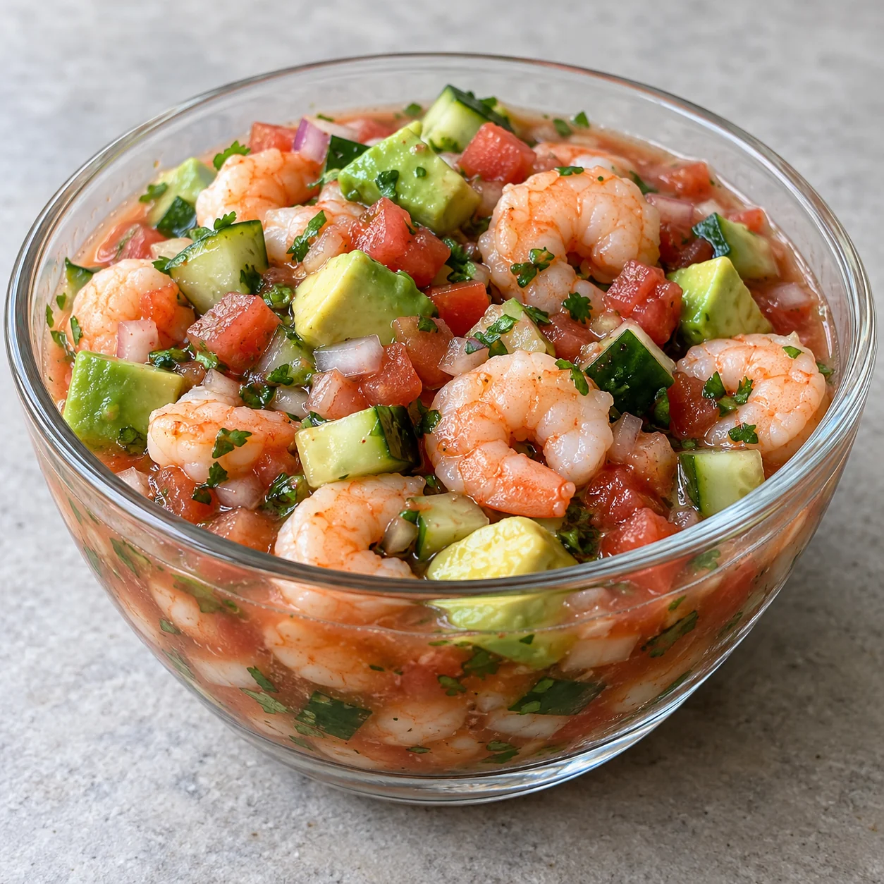 Gently cooked shrimp are chilled and folded into a tomato-lime mixture with cucumber and avocado.