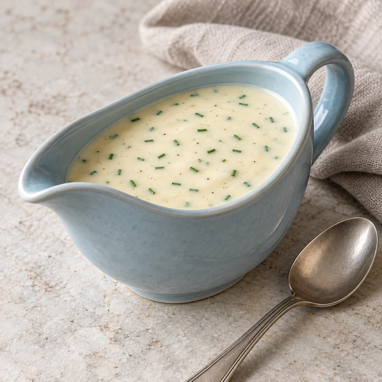A smooth milk-and-butter white sauce thickened with a pale roux and finished with fresh chives.