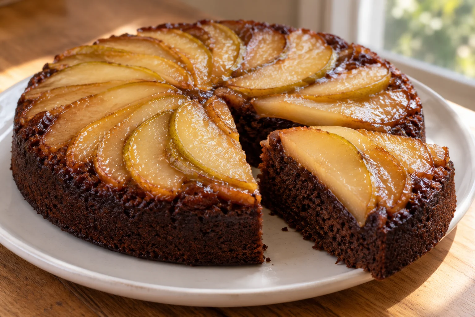 Skin-on pear slices bake beneath a cocoa cake and become its glossy fruit top when the warm cake is inverted.