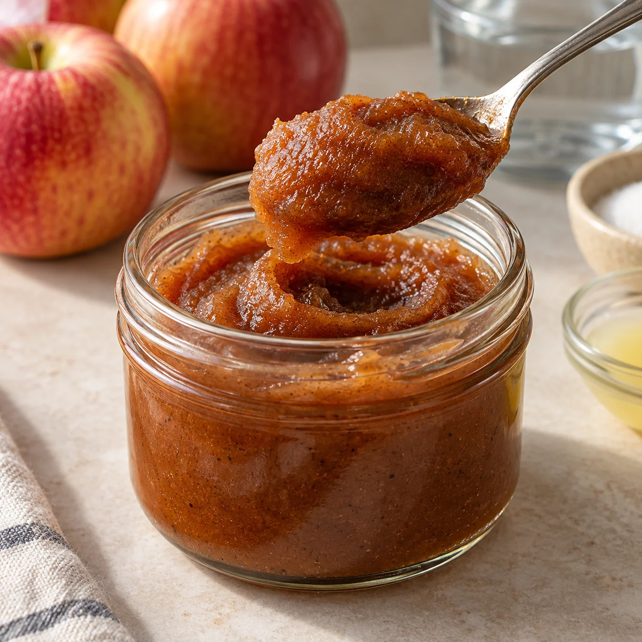 A thick cinnamon-scented apple spread made by slowly reducing a smooth skin-on apple puree; no dairy butter is added.