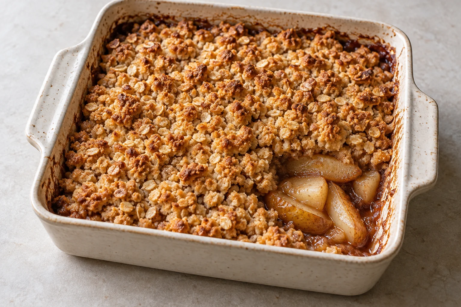 Golden cinnamon pear oat crisp in a square ceramic baking dish, with pear filling visible at one corner.