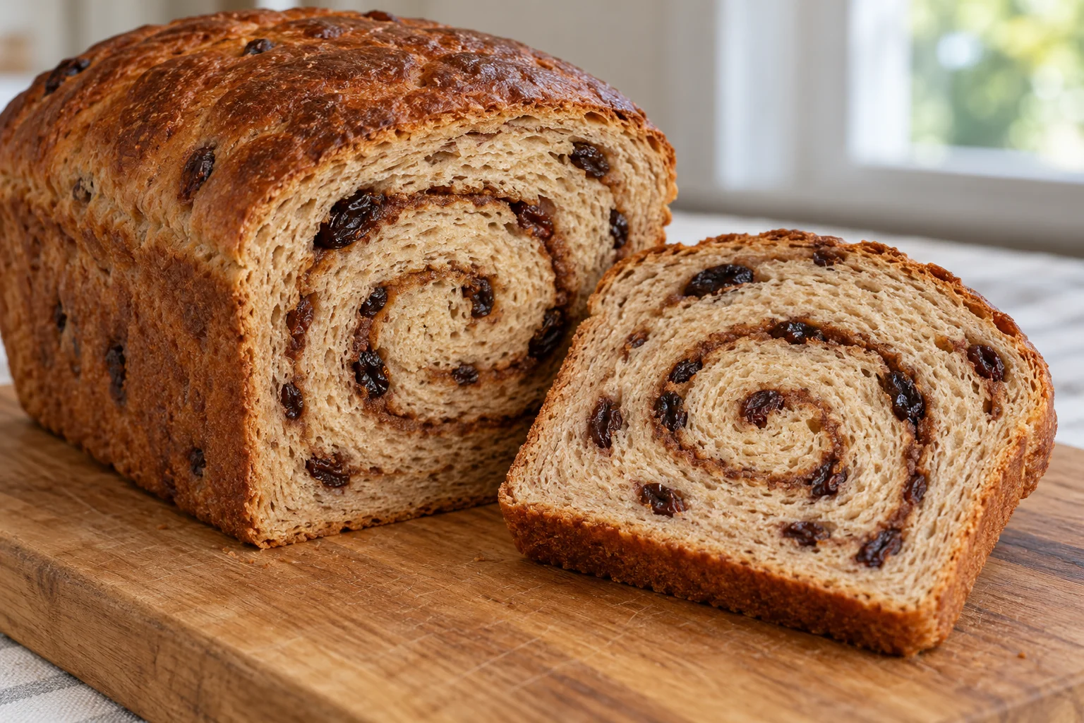 A half-whole-wheat yeast loaf with raisins in the dough and a thin cinnamon-sugar spiral.