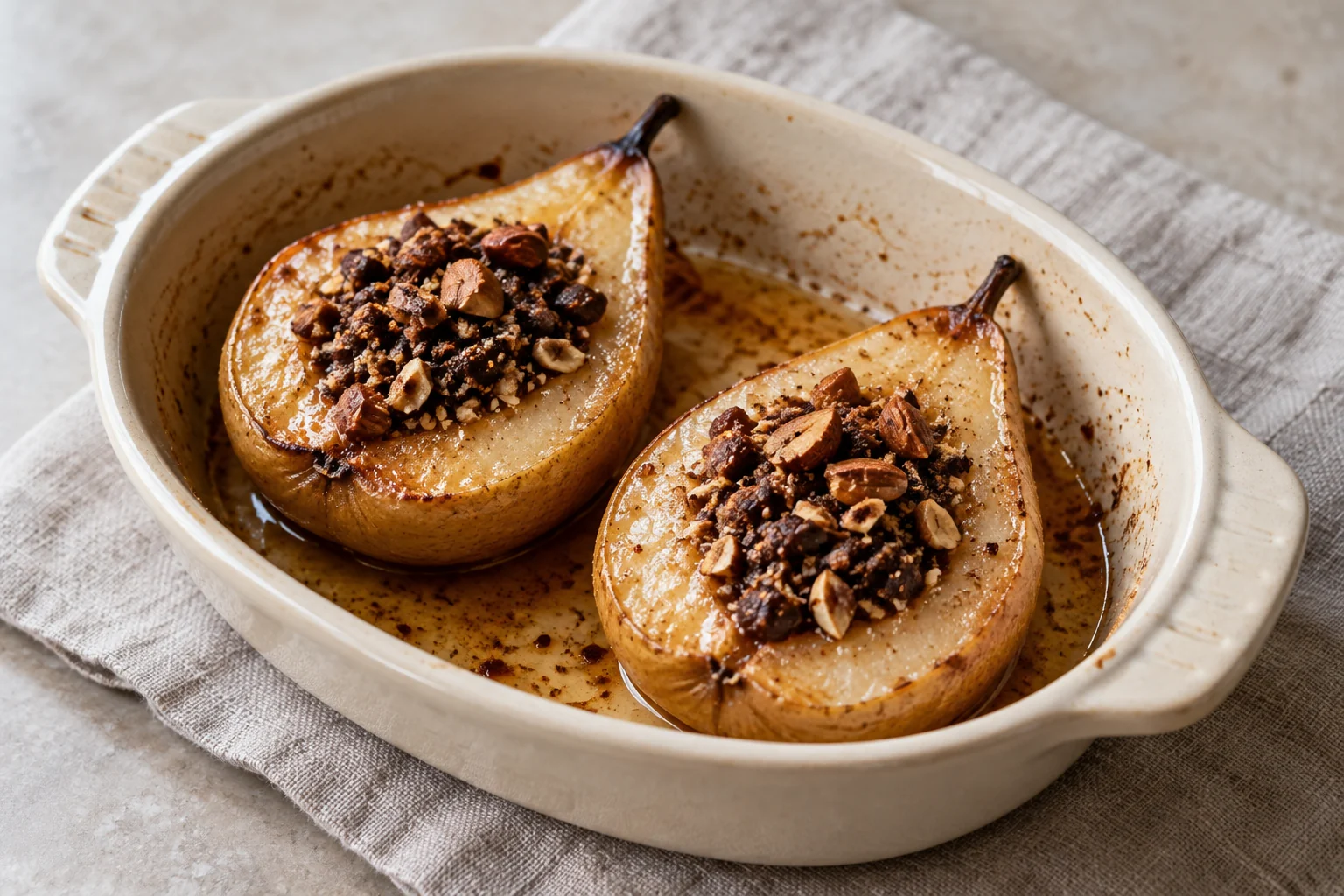 Tender pear halves cradle a cocoa-almond filling lightly sweetened with maple syrup.