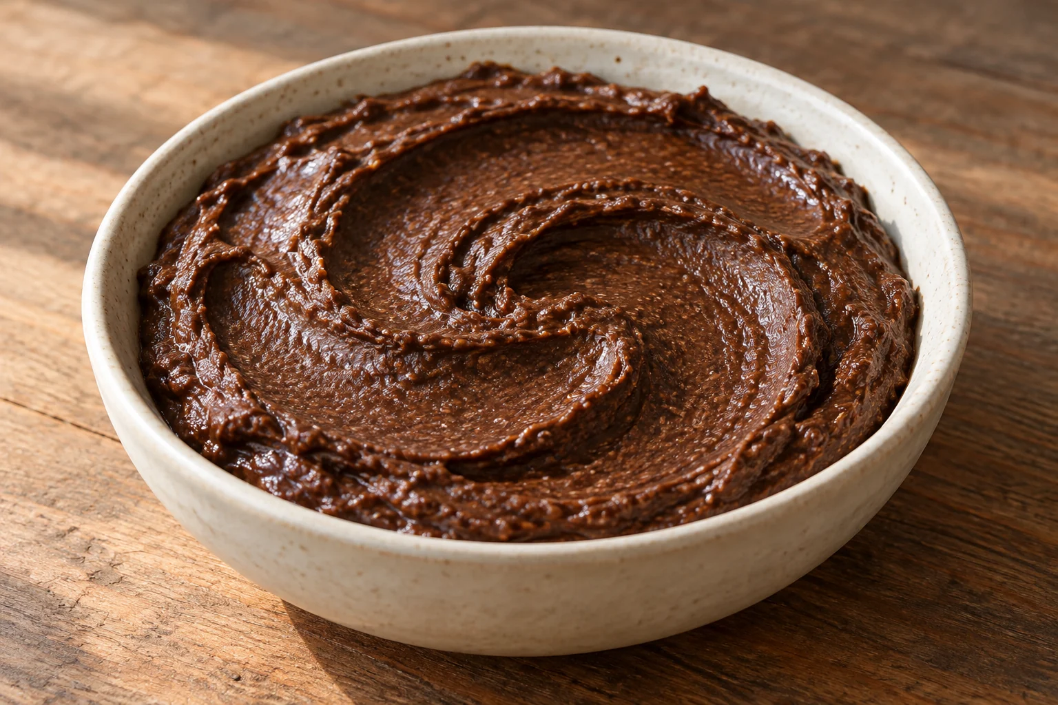 A cocoa-dark sunflower spread made with toasted seeds, a little powdered sugar and measured water.