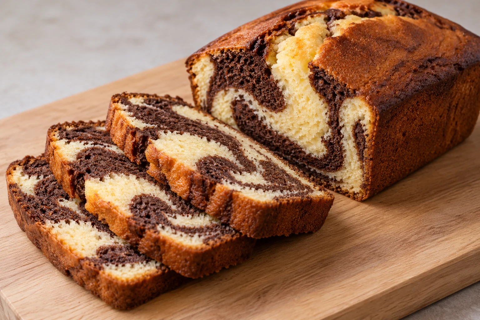 Vanilla and cocoa batters are lightly swirled into a tender loaf cake with a distinct two-tone crumb.