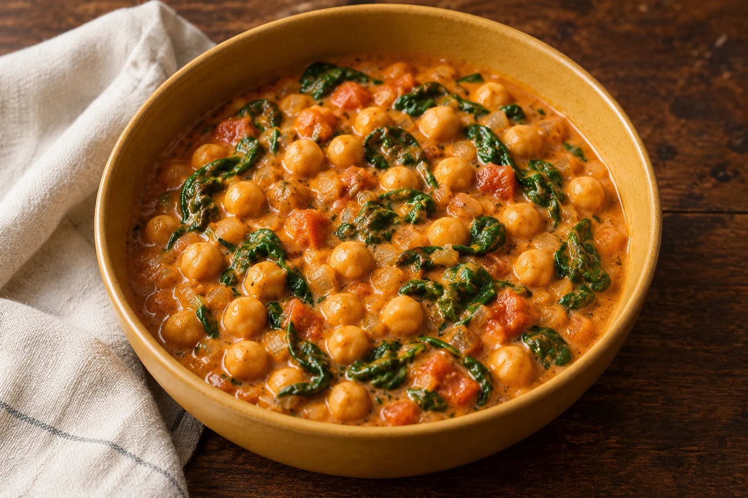Chickpeas and wilted spinach in a creamy tomato and coconut curry