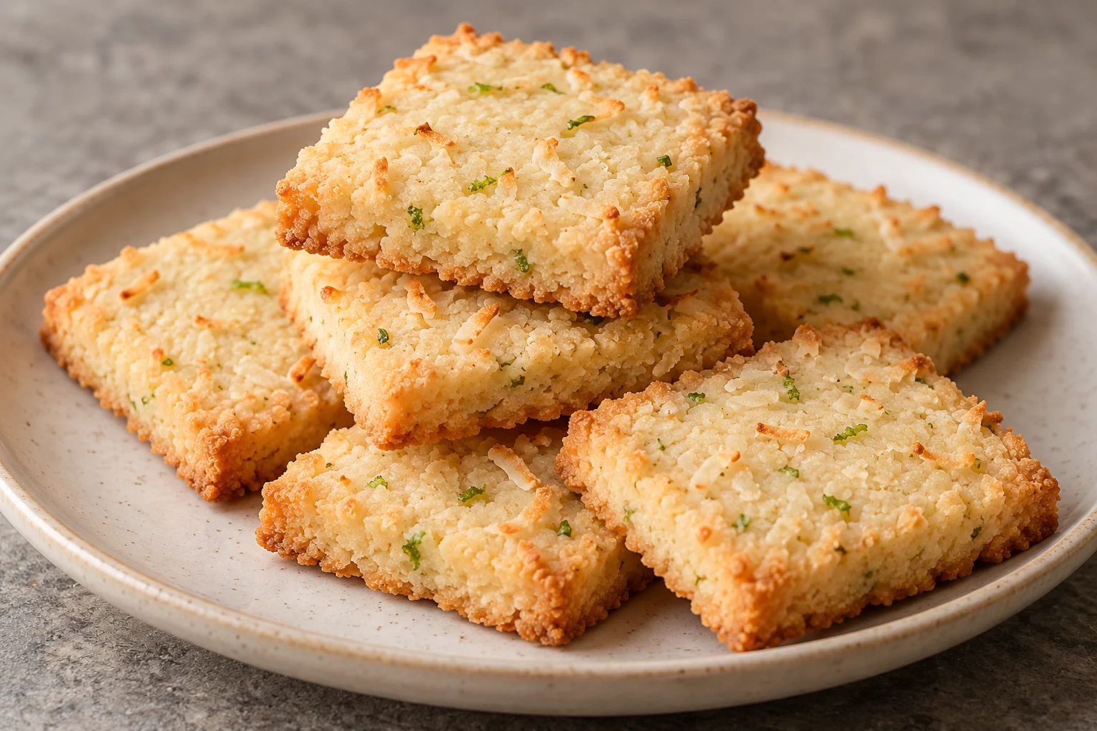 square coconut-lime shortbread cookies with golden edges and green zest flecks, lightly stacked on a ceramic plate.