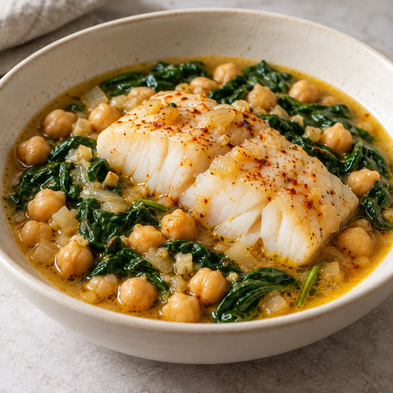 Thick cod portions gently steam over chickpeas and spinach in a light paprika-lemon broth.