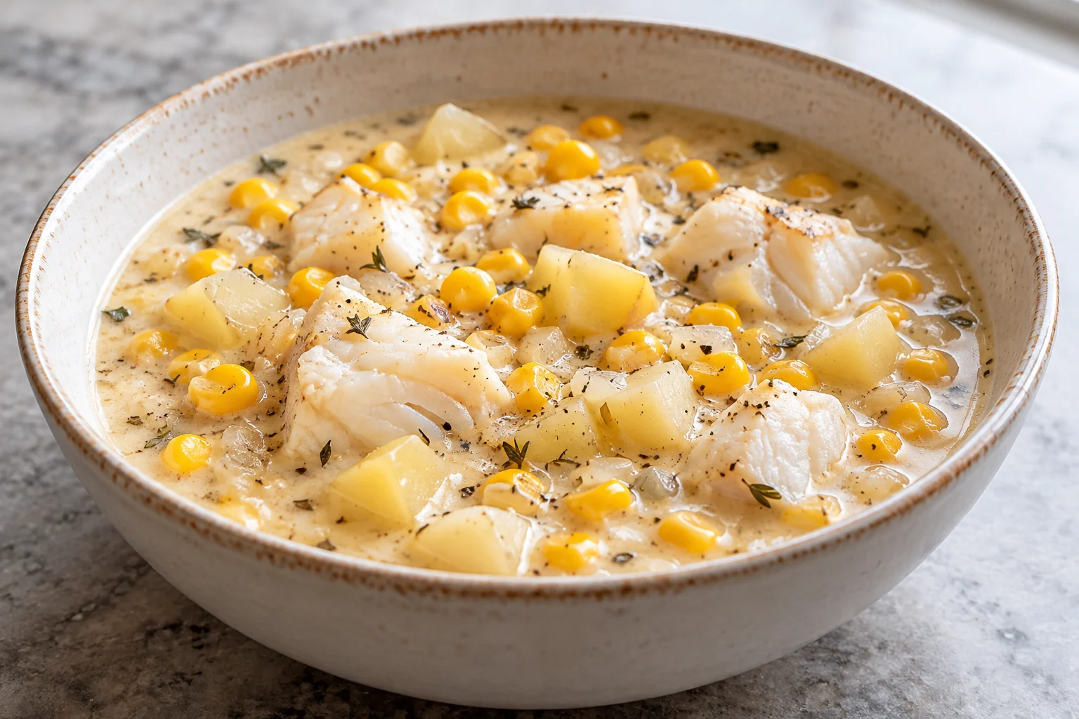Tender cod chunks, corn and potato in a lightly thickened milk broth with onion and thyme.