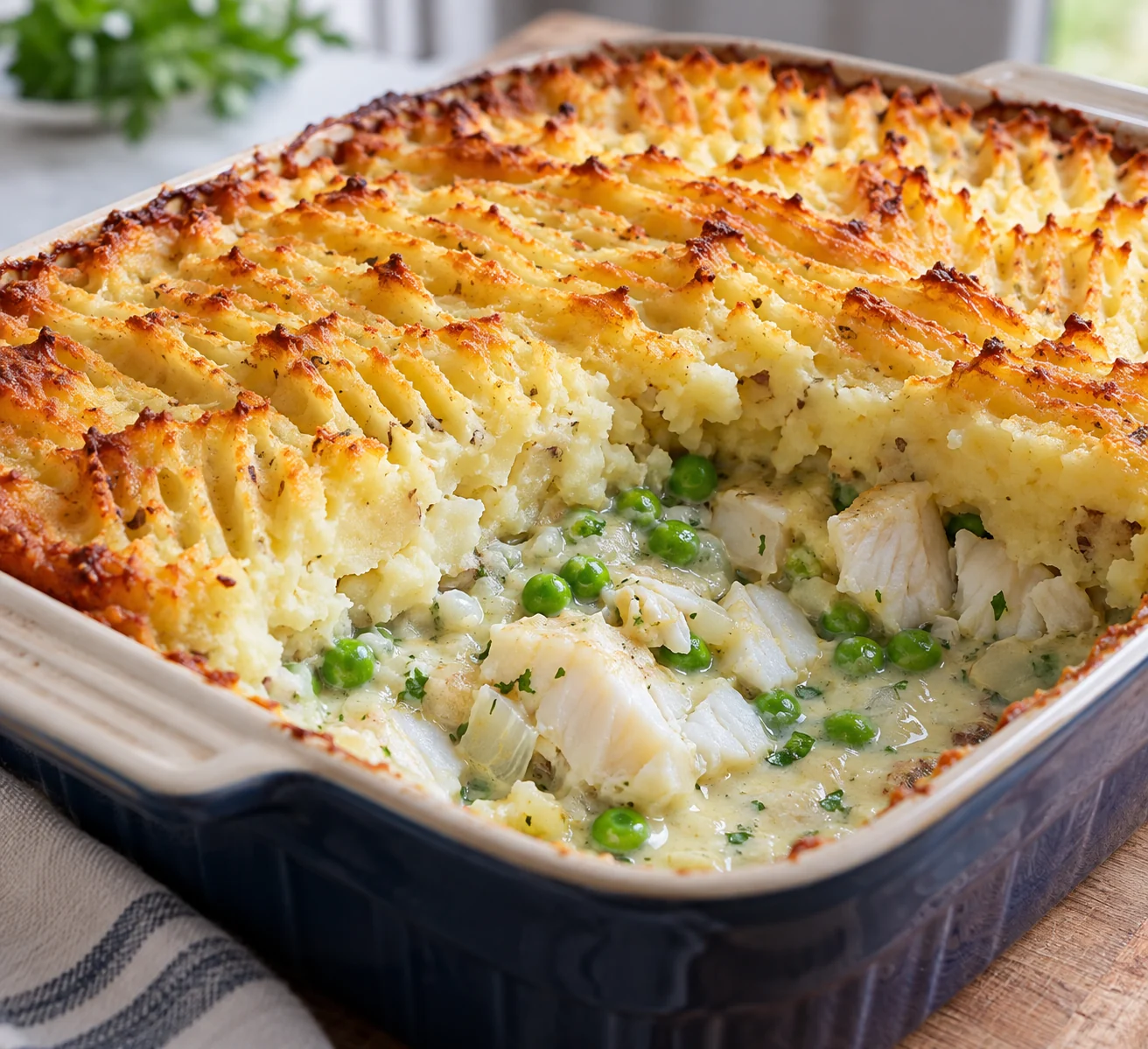 Chunks of cod and peas bake in a parsley milk sauce under a rustic skin-on potato topping.