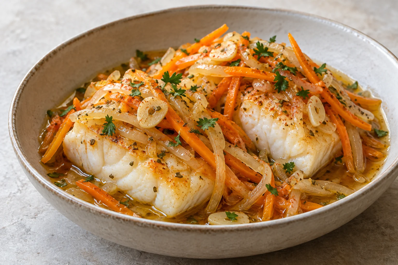 Fully cooked cod chills with tender carrot and onion in a tangy cooked vinegar marinade.