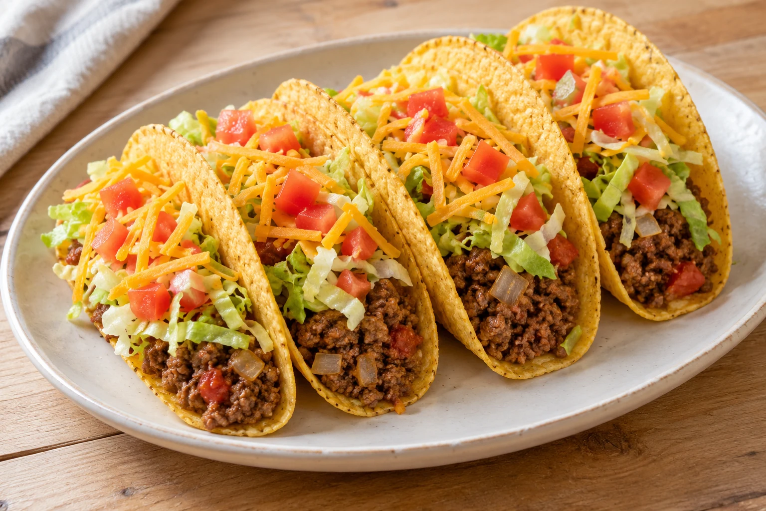 Crisp taco shells filled with seasoned ground beef, lettuce, tomato and cheddar