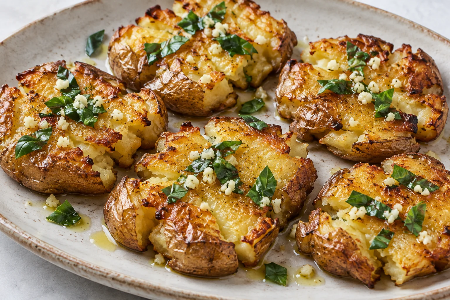 Small skin-on potatoes boiled, flattened and roasted until crisp, finished with fresh basil and garlic.