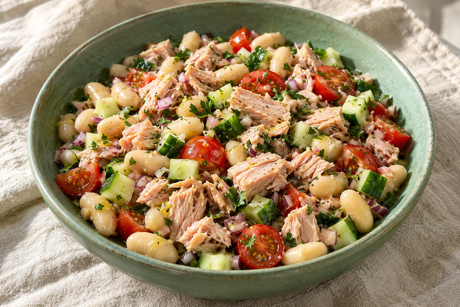 Tuna flakes and cannellini bean salad with cucumber, cherry tomatoes and red onion