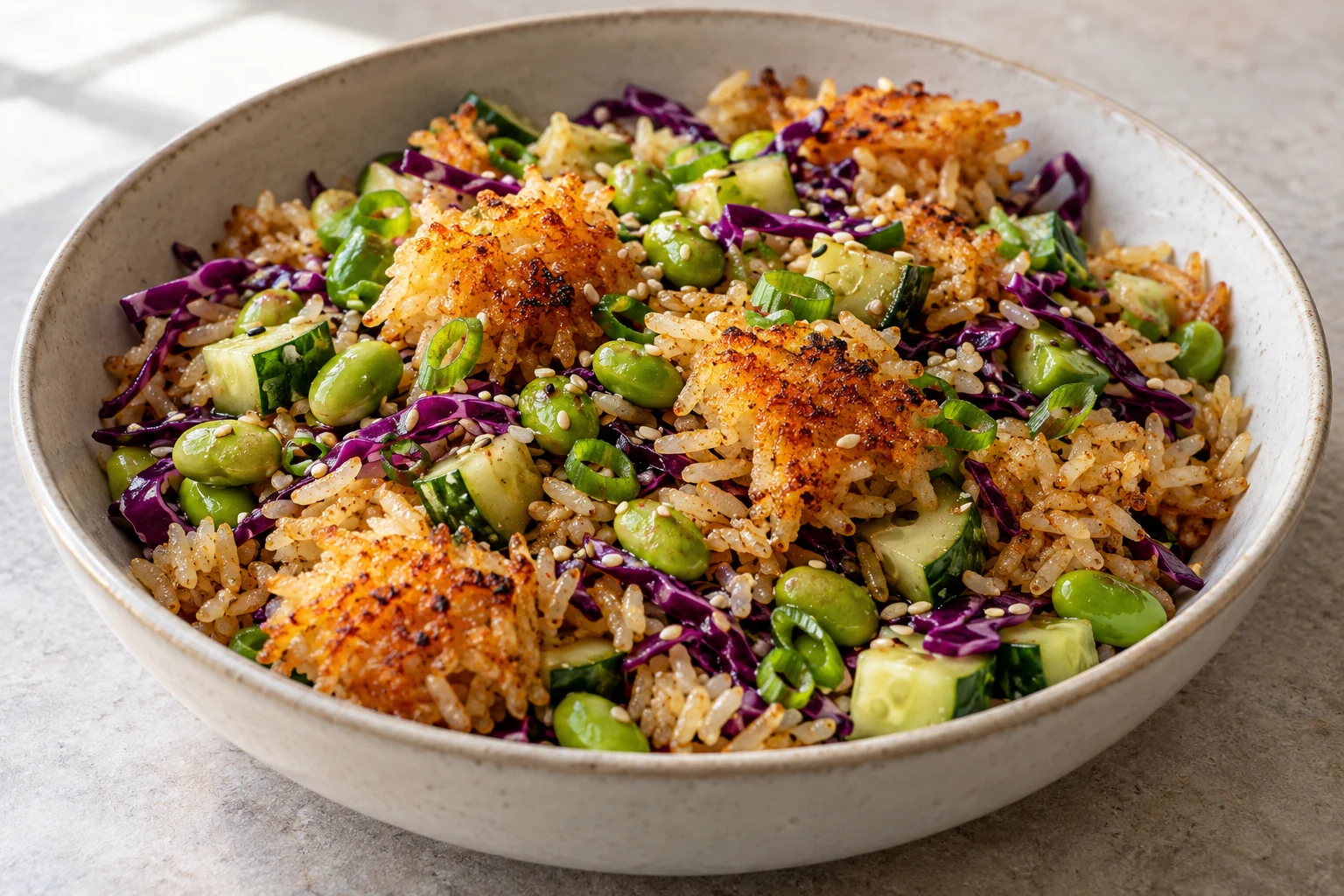 Oven-crisped rice clusters meet cooked edamame, cucumber and cabbage in a lime-sesame dressing.