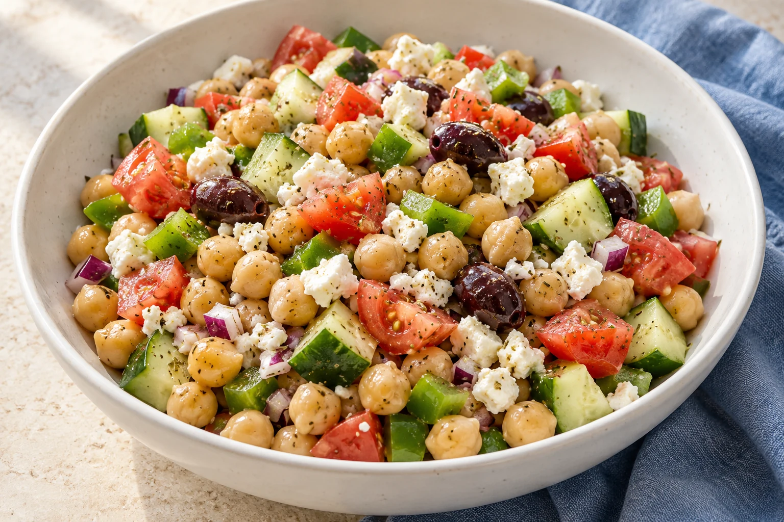 Chickpea salad with cucumber, tomato, bell pepper, red onion, olives and feta