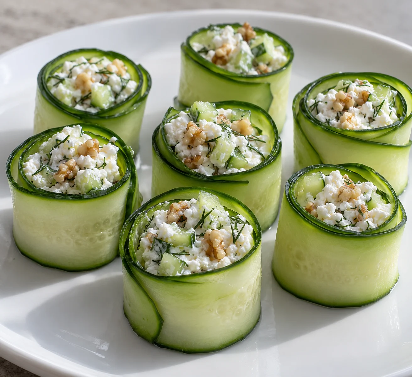 Generous open cucumber rolls hold a cool ricotta filling with chopped cucumber, walnuts, dill and lemon.