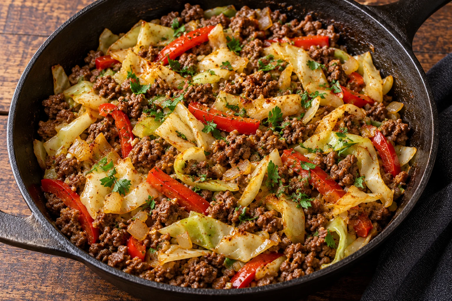 Cumin-spiced ground beef with wilted cabbage, red pepper and parsley in a skillet