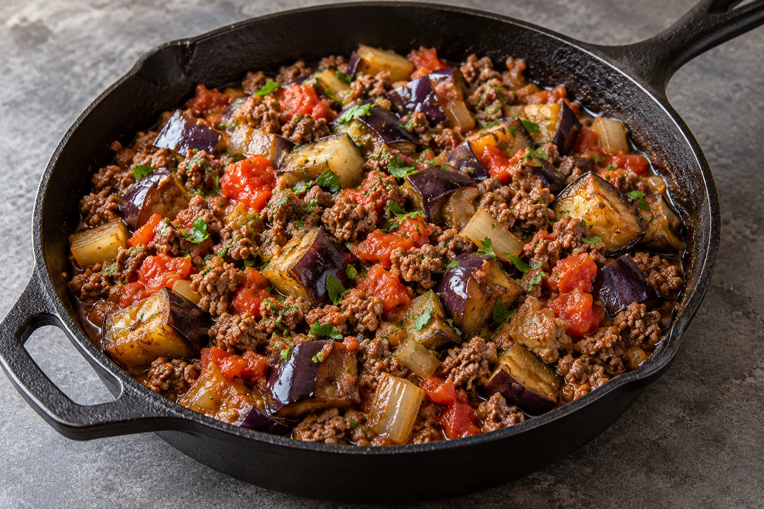 browned ground beef and purple-skinned eggplant cubes with tomato, onion and parsley in a rustic cast-iron skillet.