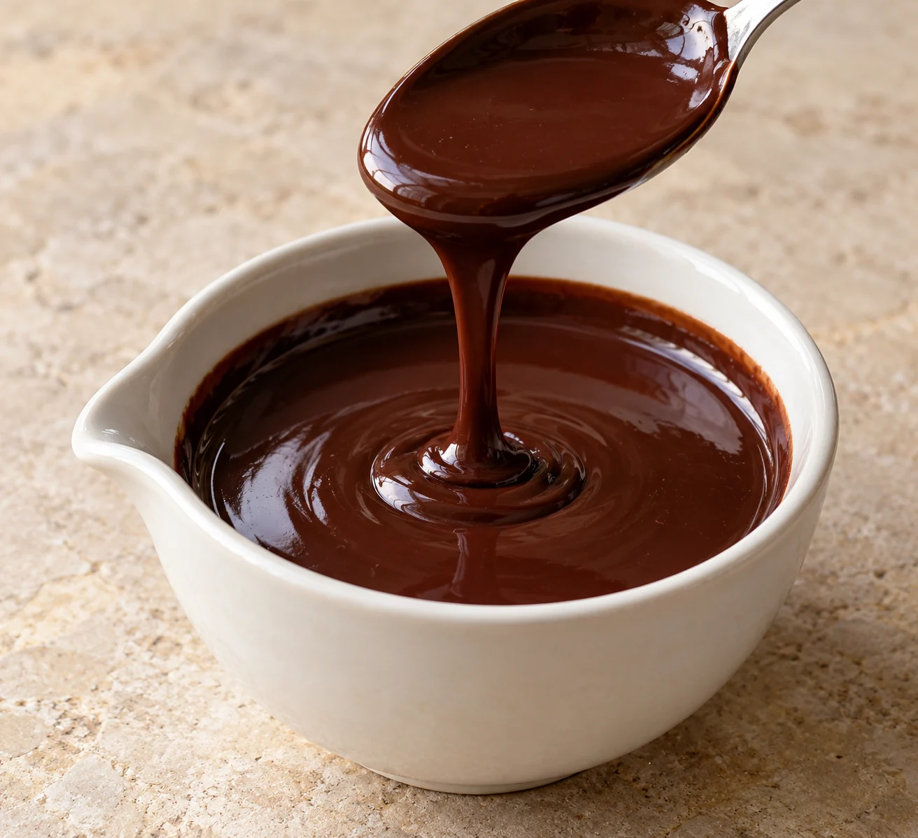 A gently stirred sauce of sweetened dark chocolate and cream, served warm.