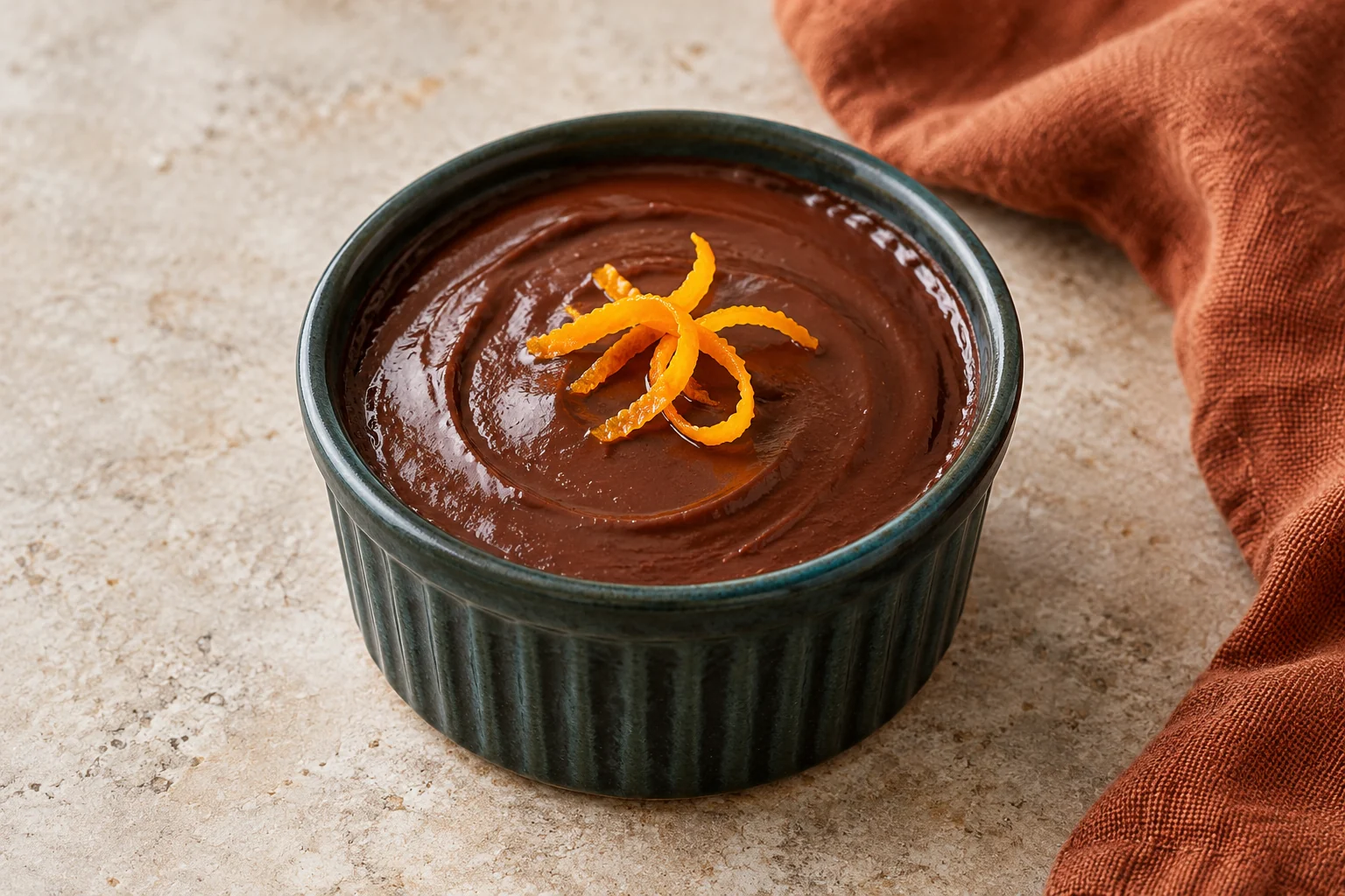 Smooth dark-chocolate chilled cream in a small teal ceramic ramekin with curled orange zest
