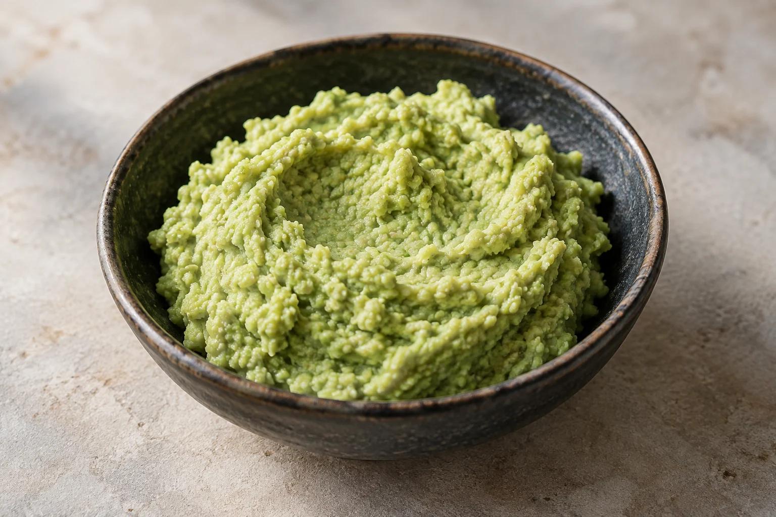Cooked shelled edamame becomes a coarse pale-green spread with tahini, lemon and garlic.