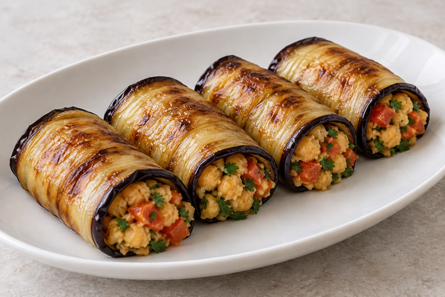 Roasted eggplant planks wrap a coarse chickpea, tomato and parsley filling without cheese.