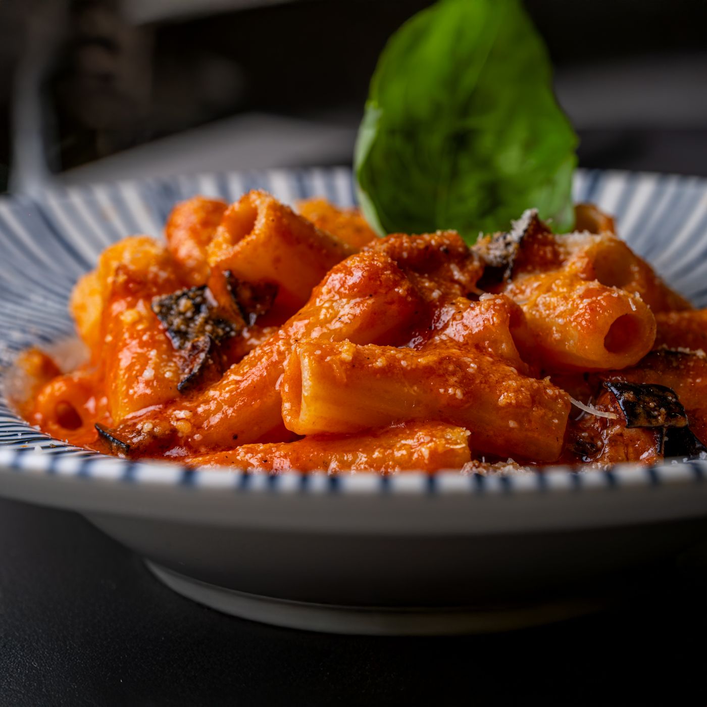 Roasted eggplant rigatoni; ridged tube pasta, red tomato sauce, dark roasted eggplant pieces, fresh basil leaf