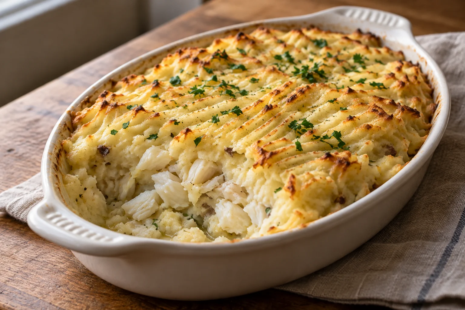 Fresh cod, skin-on potato and garlic are mashed with olive oil and their warm milk, then baked until lightly golden.