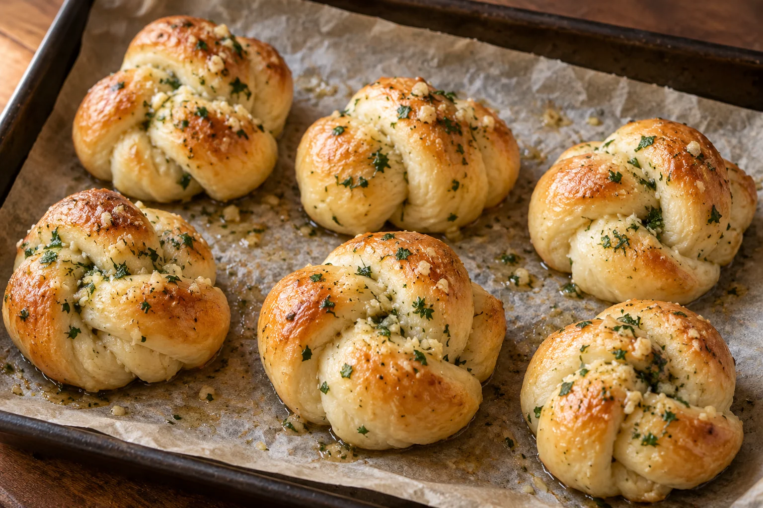 Soft scratch-made yeast rolls tied into loose knots and brushed with measured garlic-parsley butter after baking.