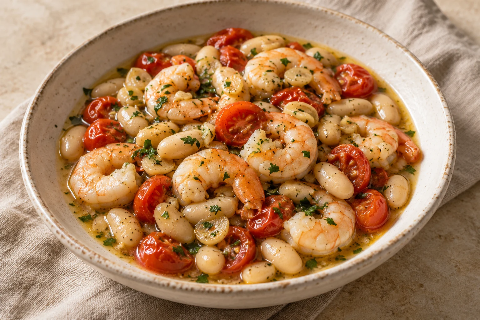 Garlic shrimp and cannellini beans with cherry tomatoes and parsley