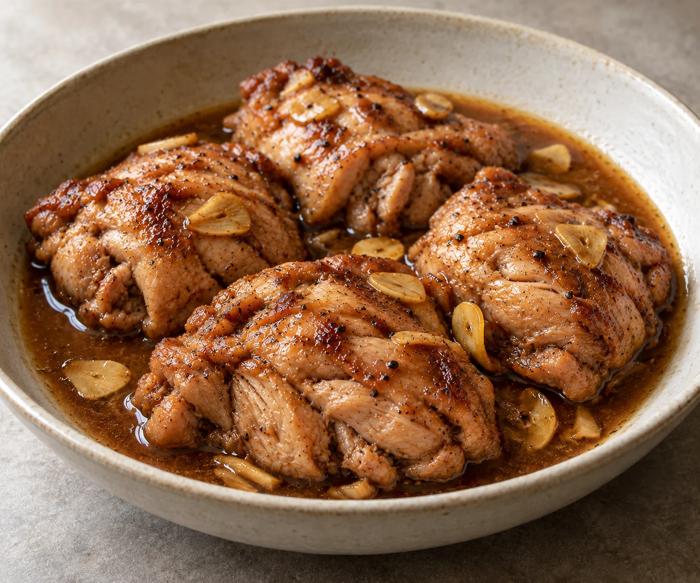 Boneless chicken thighs browned and gently braised in a tangy garlic, reduced-sodium soy and vinegar sauce.
