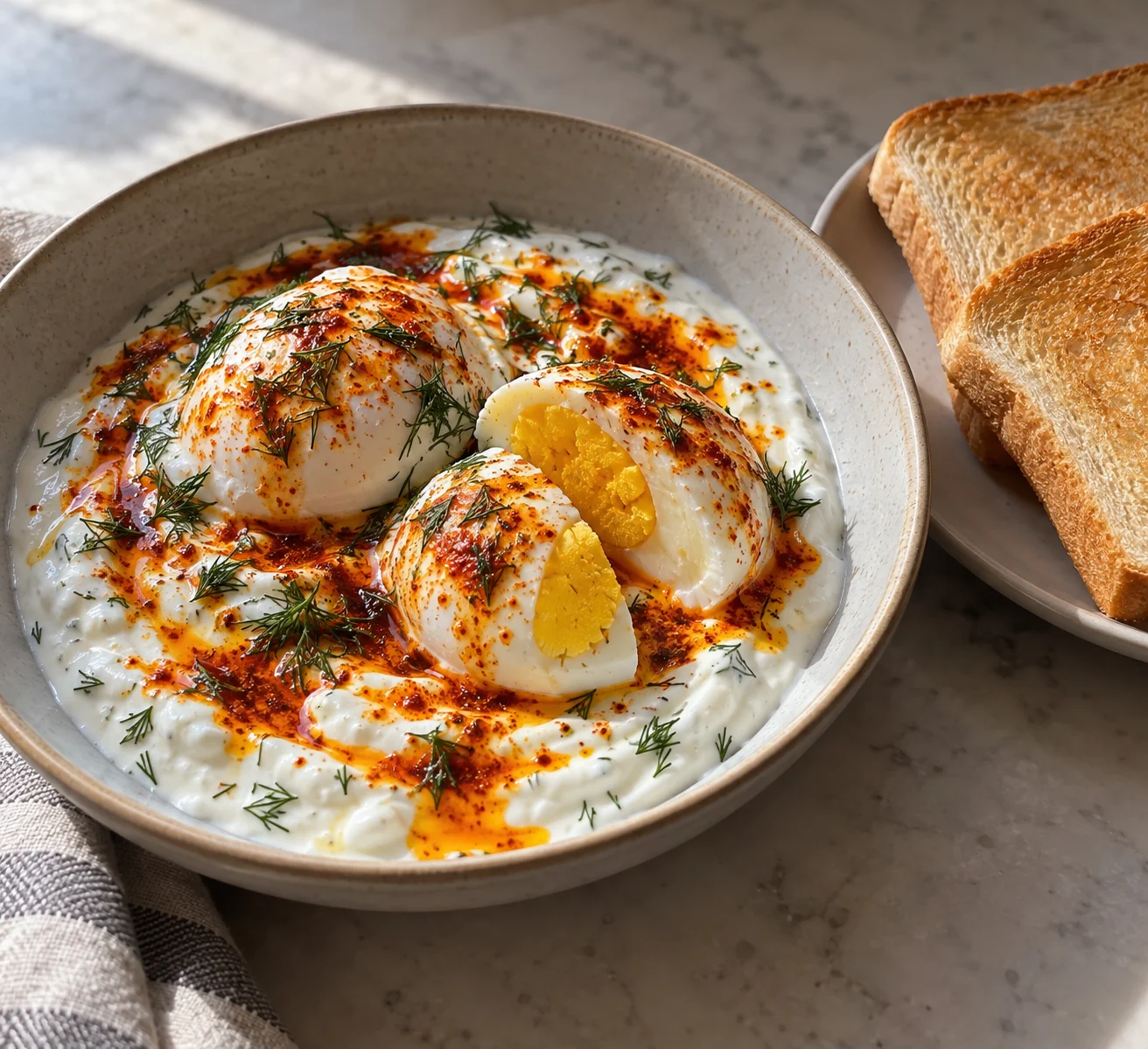 Fully set poached eggs sit on garlic yogurt with warm paprika butter and measured toast alongside.