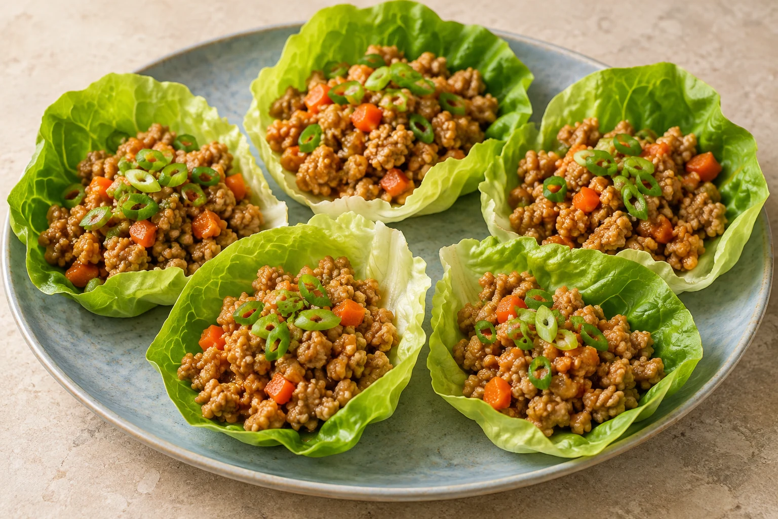 Butter lettuce cups filled with ginger chicken, diced carrot and scallions