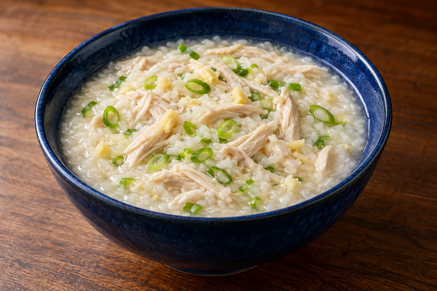 Long-grain rice slowly breaks into a soft savory porridge with shredded chicken, ginger and scallions.