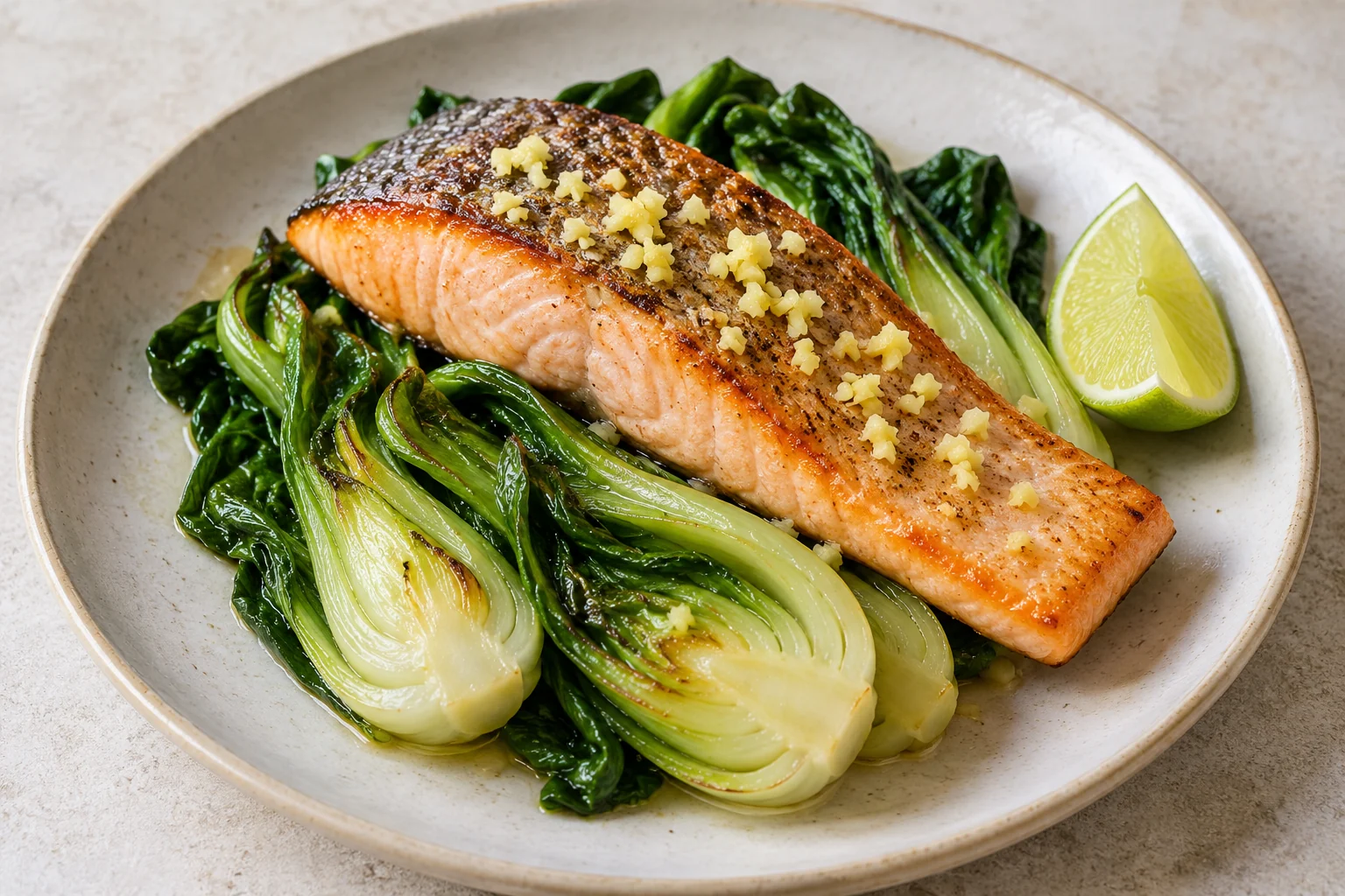 a cooked salmon fillet with minced ginger over halved baby bok choy, with one lime wedge.