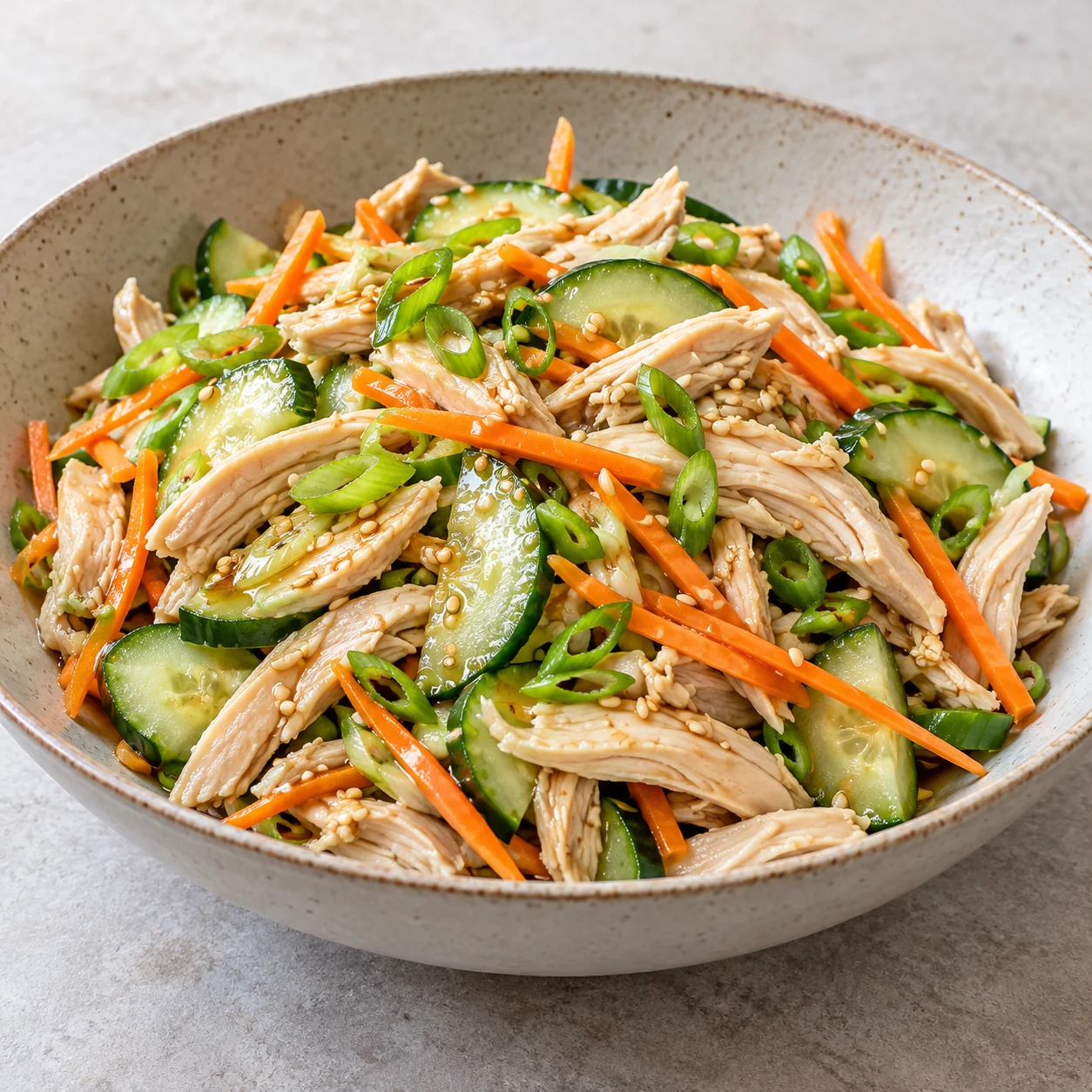 Tender steamed chicken tossed with cucumber, carrot, scallions and a ginger-lime sesame dressing.