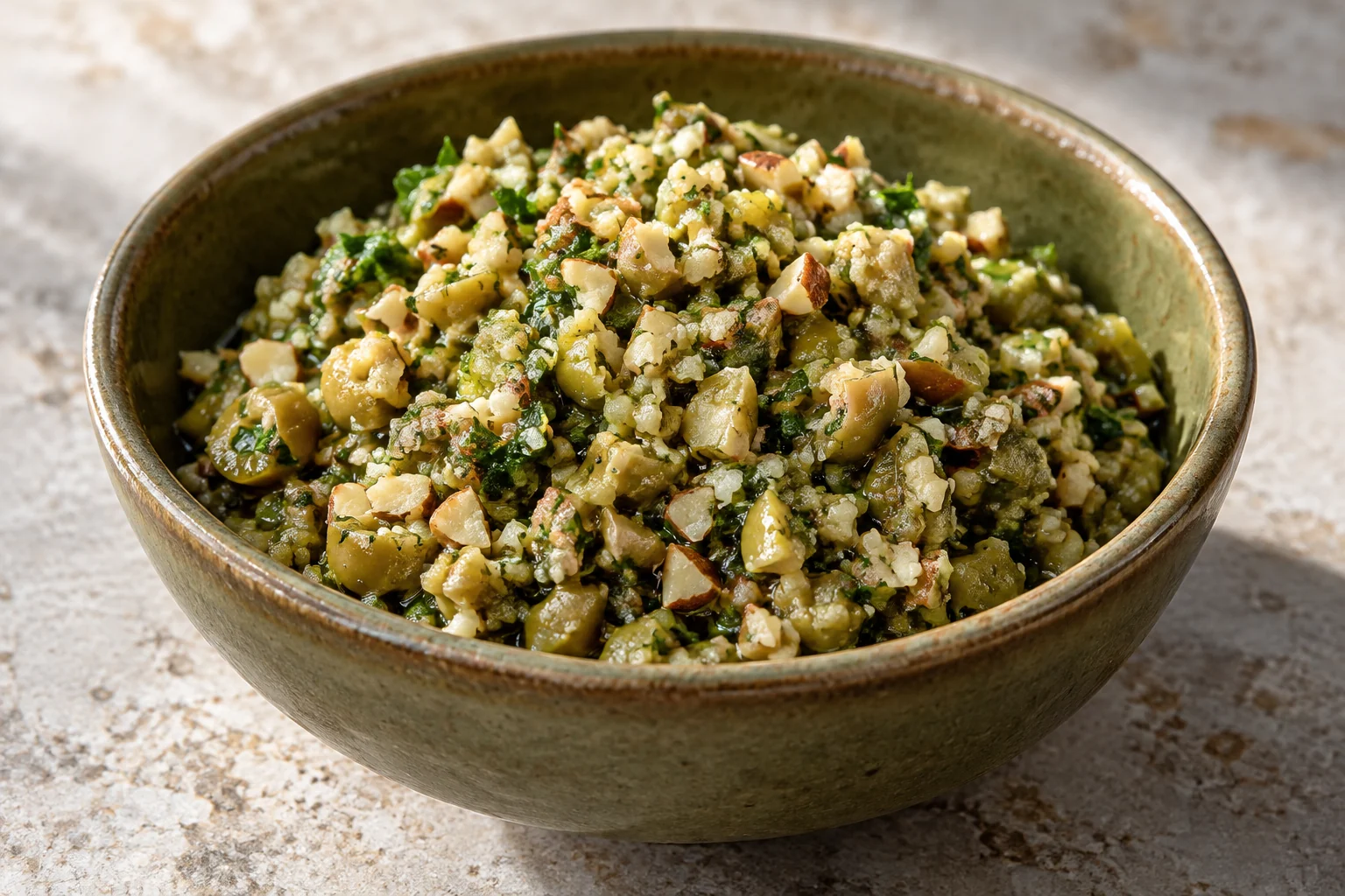 A coarse olive-and-almond spread with parsley, lemon and a little olive oil, ready for measured condiment portions.