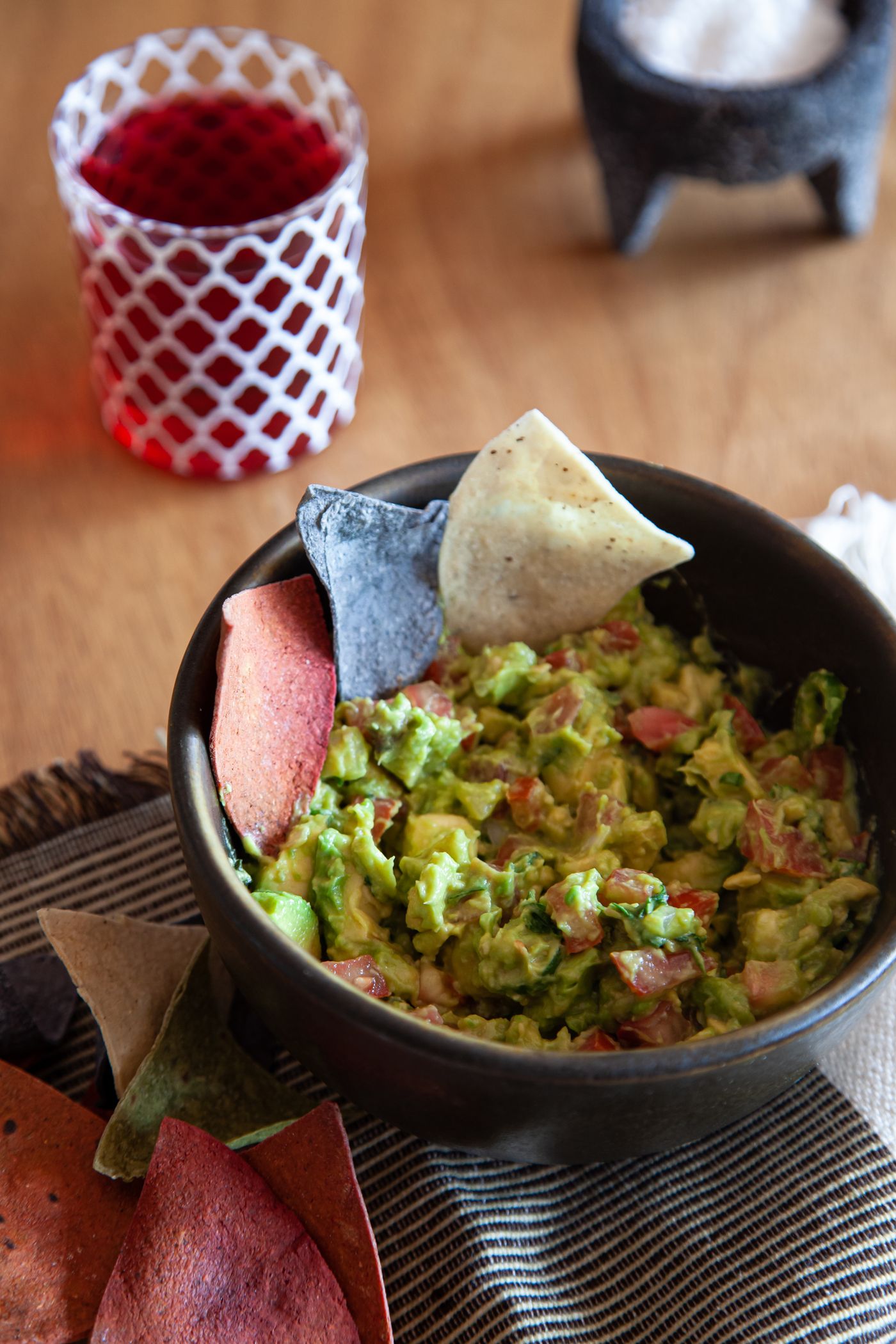 Chunky guacamole with tortilla chips